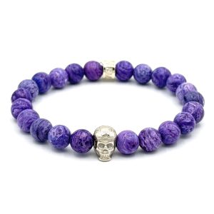Bracelet V8 Charoite avec Racing Skull en argent et rondelle POLEMAN en argent