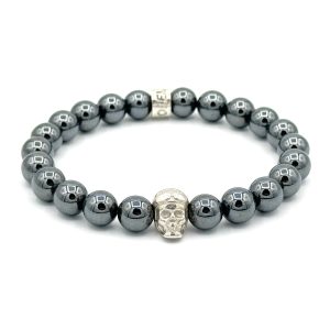 Bracelet V8 Hématite avec Racing Skull en argent et rondelle POLEMAN en argent