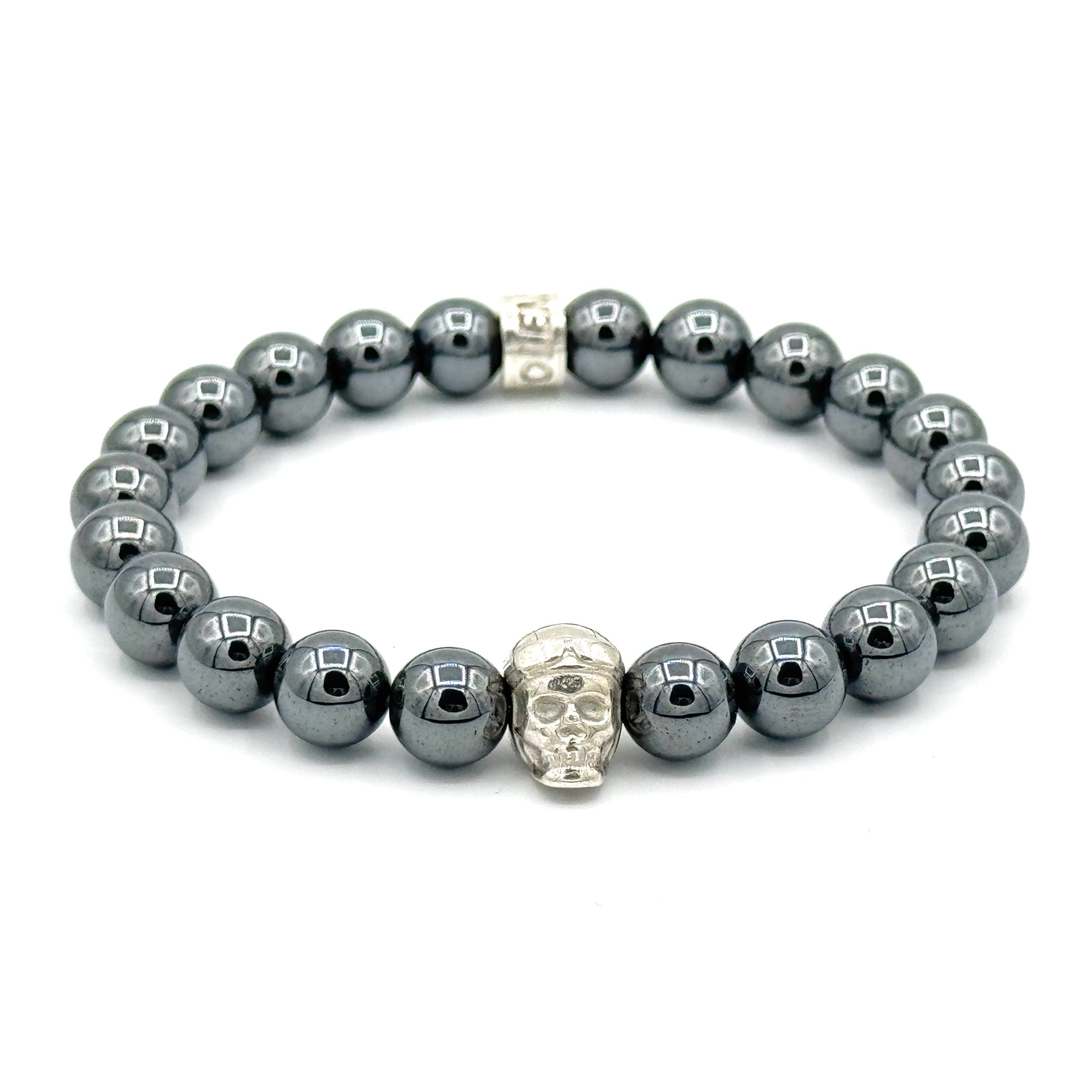 Bracelet V8 Hématite avec Racing Skull en argent et rondelle POLEMAN en argent