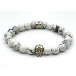 Bracelet V8 Howlite avec Racing Skull en argent et rondelle POLEMAN en argent