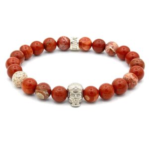 Bracelet V8 Jaspe bréchique avec Racing Skull en argent et rondelle POLEMAN en argent