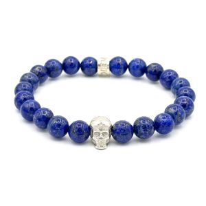 Bracelet V8 Lapis Lazuli avec Racing Skull en argent et rondelle POLEMAN en argent