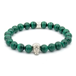 Bracelet V8 Malachite avec Racing Skull en argent et rondelle POLEMAN en argent