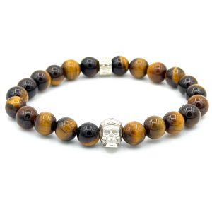 Bracelet V8 Oeil de tigre avec Racing Skull en argent et rondelle POLEMAN en argent