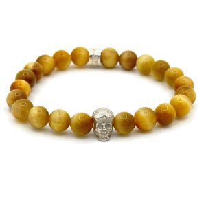 Bracelet V8 Oeil de tigre jaune avec Racing Skull en argent et rondelle POLEMAN en argent