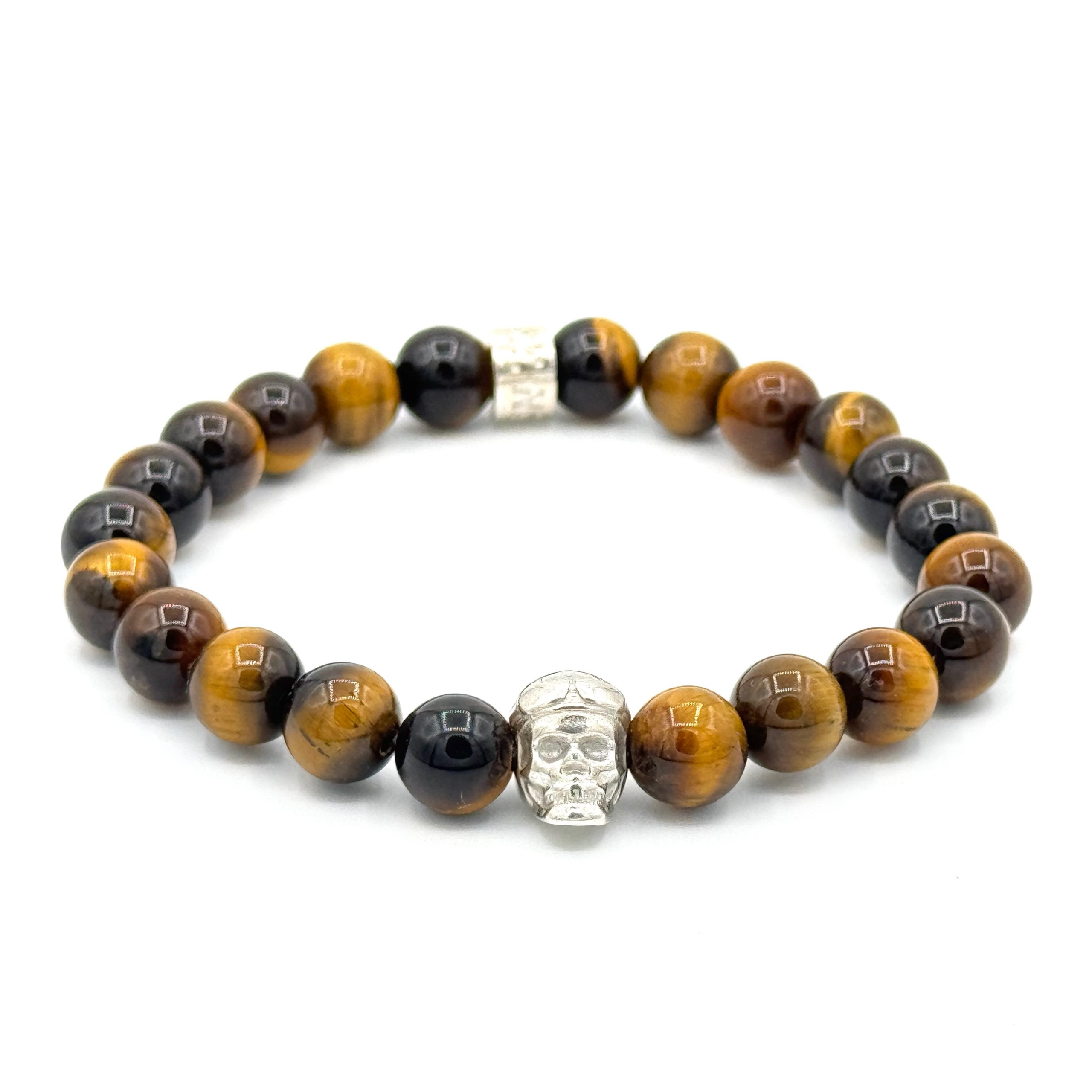 Bracelet V8 Oeil de tigre avec Racing Skull en argent et rondelle POLEMAN en argent