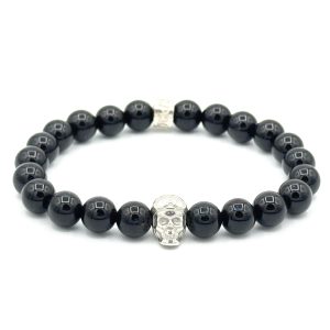 Bracelet V8 Onyx avec Racing Skull en argent et rondelle POLEMAN en argent