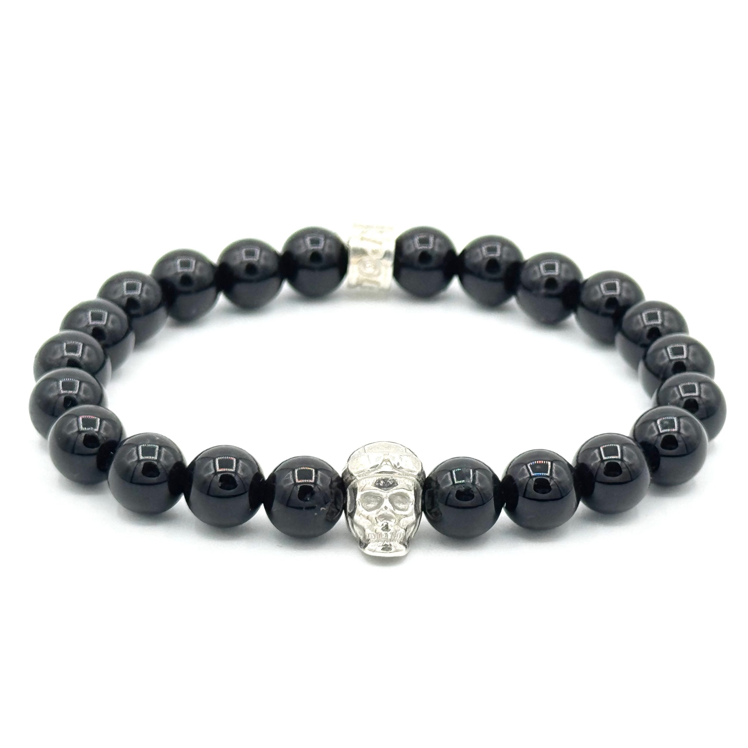 Bracelet V8 Onyx avec Racing Skull en argent et rondelle POLEMAN en argent