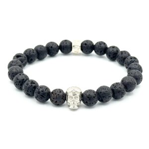 Bracelet V8 Pierre de lave avec Racing Skull en argent et rondelle POLEMAN en argent